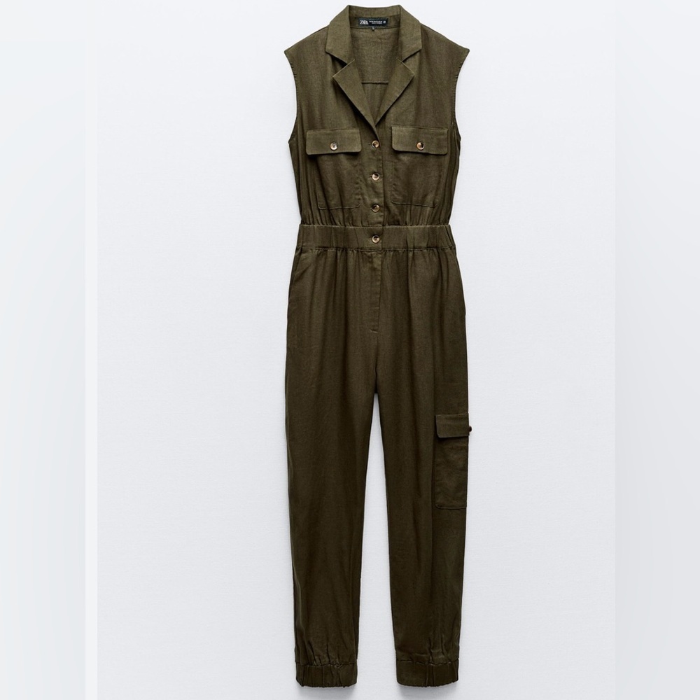 Zara Jumpsuit Dark Green Button-Up Linen Blend Size XL - Picture 2 of 15